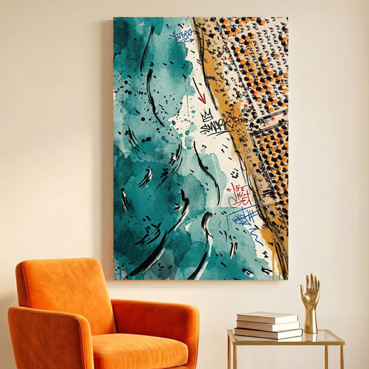 Aerial Coastline Teal Coastal canvas wall art print displayed in a styled living room