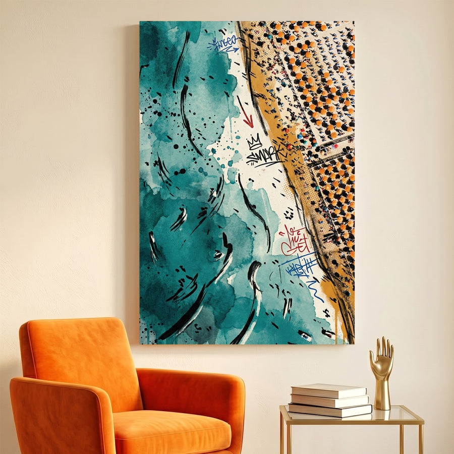 Aerial Coastline Teal Coastal canvas wall art print displayed in a styled living room