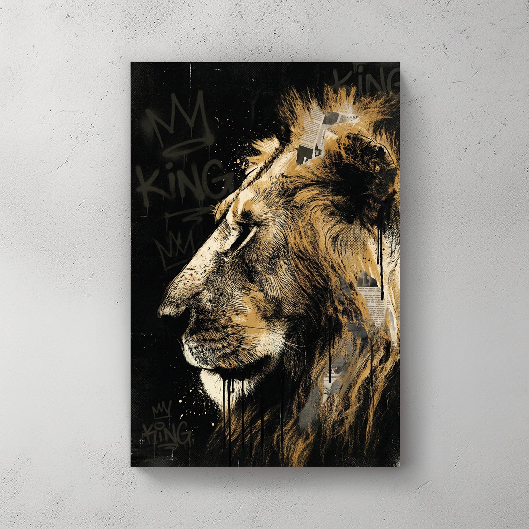 Lion in profile with gold mane, black background, KING graffiti tags with crowns, newspaper texture, drips — canvas wall art print