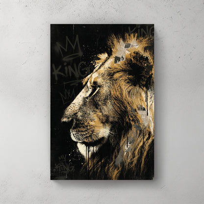 Lion in profile with gold mane, black background, KING graffiti tags with crowns, newspaper texture, drips — canvas wall art print