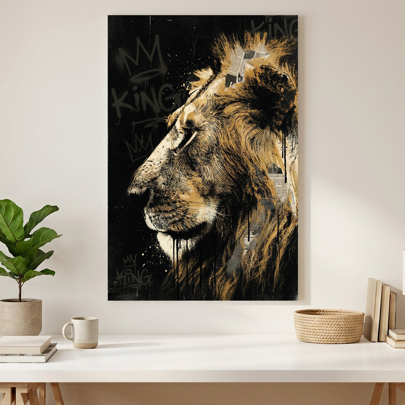 Lion King Graffiti Gold canvas wall art print styled in a modern interior