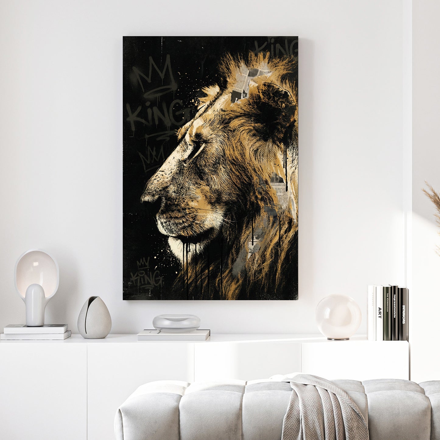 Lion King Graffiti Gold canvas wall art print above a sofa in a contemporary living room