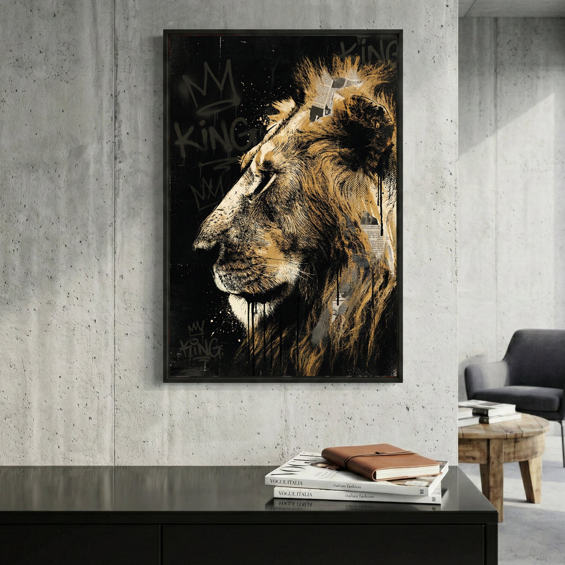 Lion King Graffiti Gold framed canvas wall art print in a gallery-style display