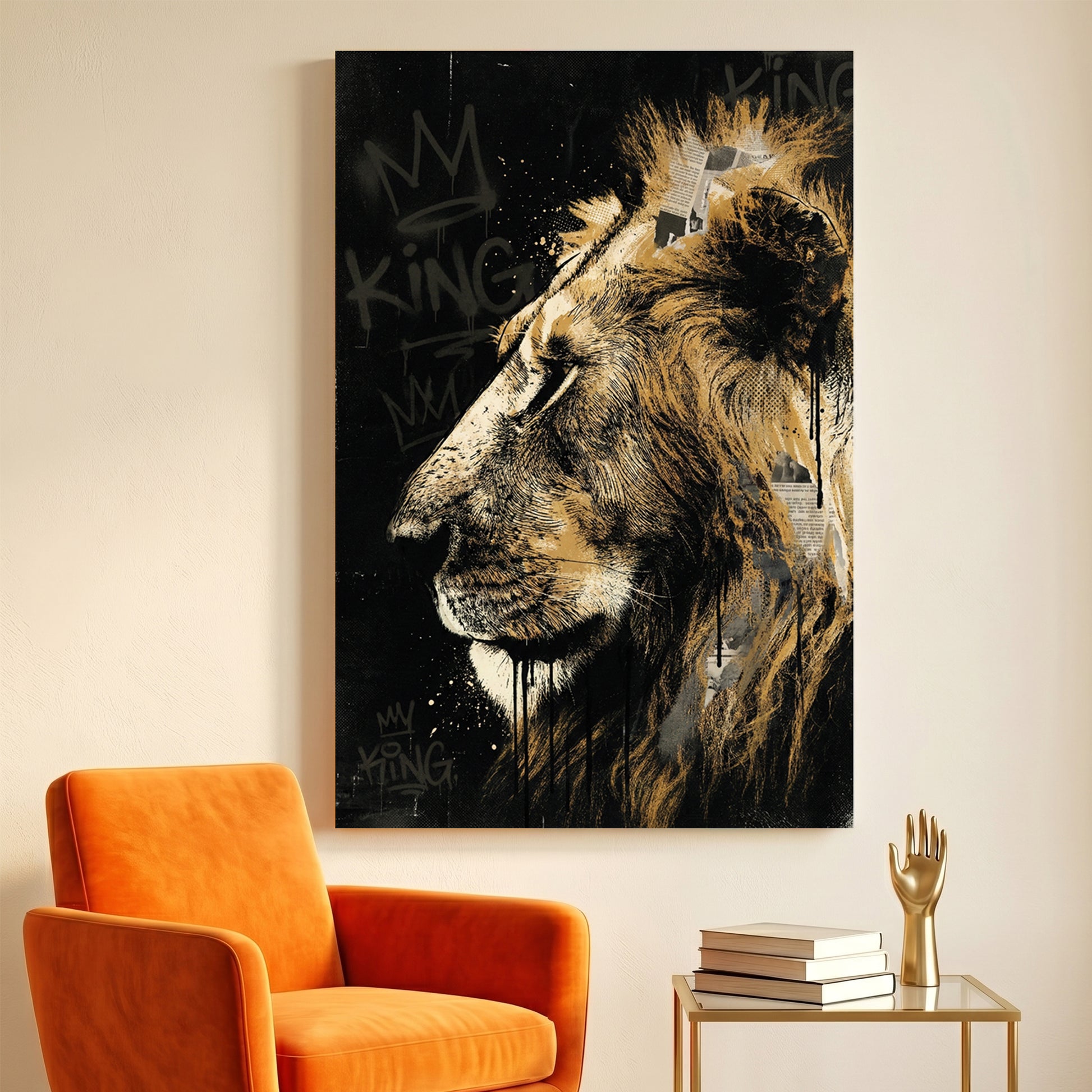 Lion King Graffiti Gold canvas wall art print displayed in a styled living room