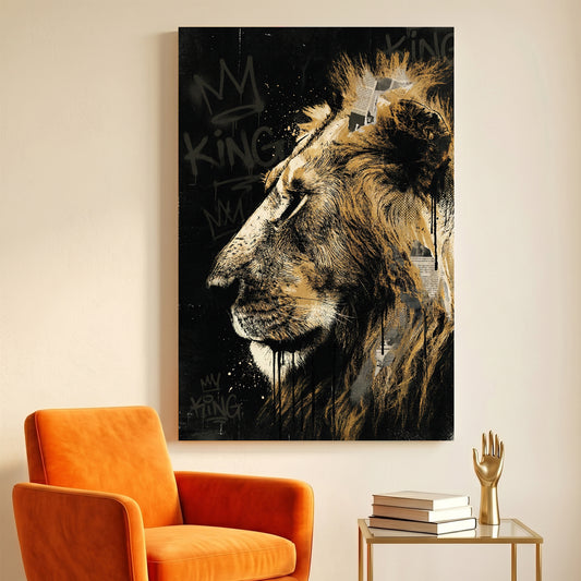 Lion King Graffiti Gold canvas wall art print displayed in a styled living room