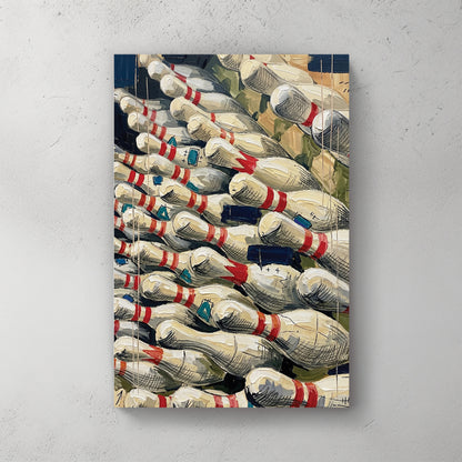 Pile of bowling pins lying on side, red stripes, navy and green scattered shapes, paint splatters — canvas wall art print