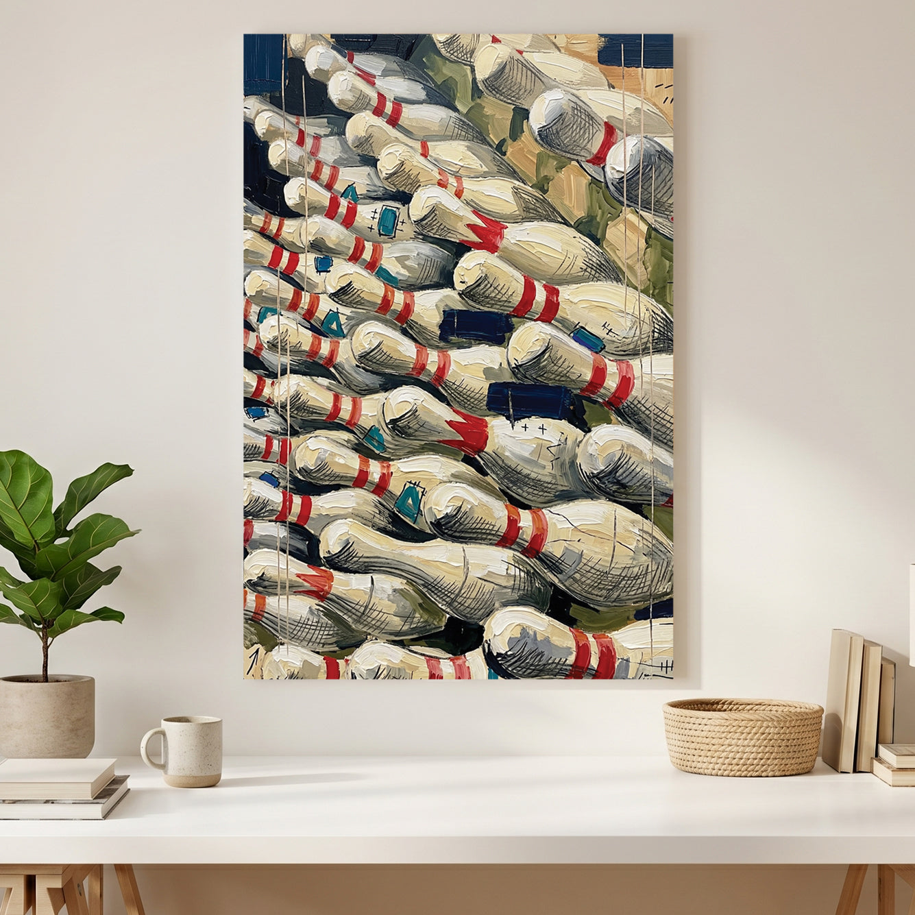 Bowling Pins Pile canvas wall art print styled in a modern interior