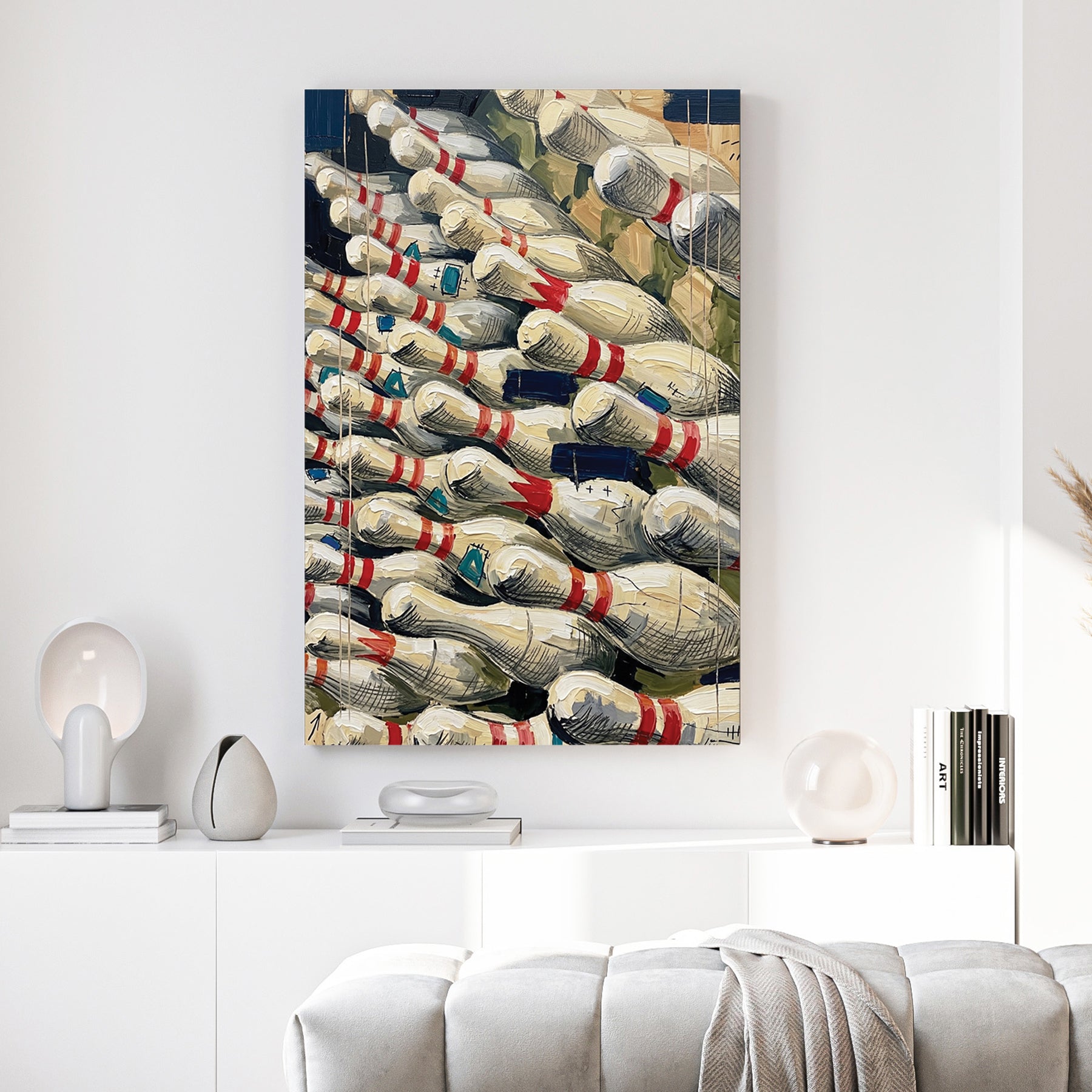 Bowling Pins Pile canvas wall art print above a sofa in a contemporary living room