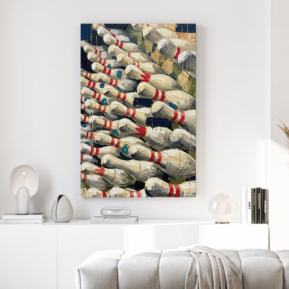 Bowling Pins Pile canvas wall art print above a sofa in a contemporary living room
