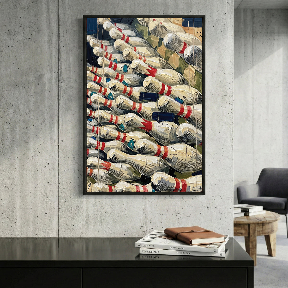 Bowling Pins Pile framed canvas wall art print in a gallery-style display