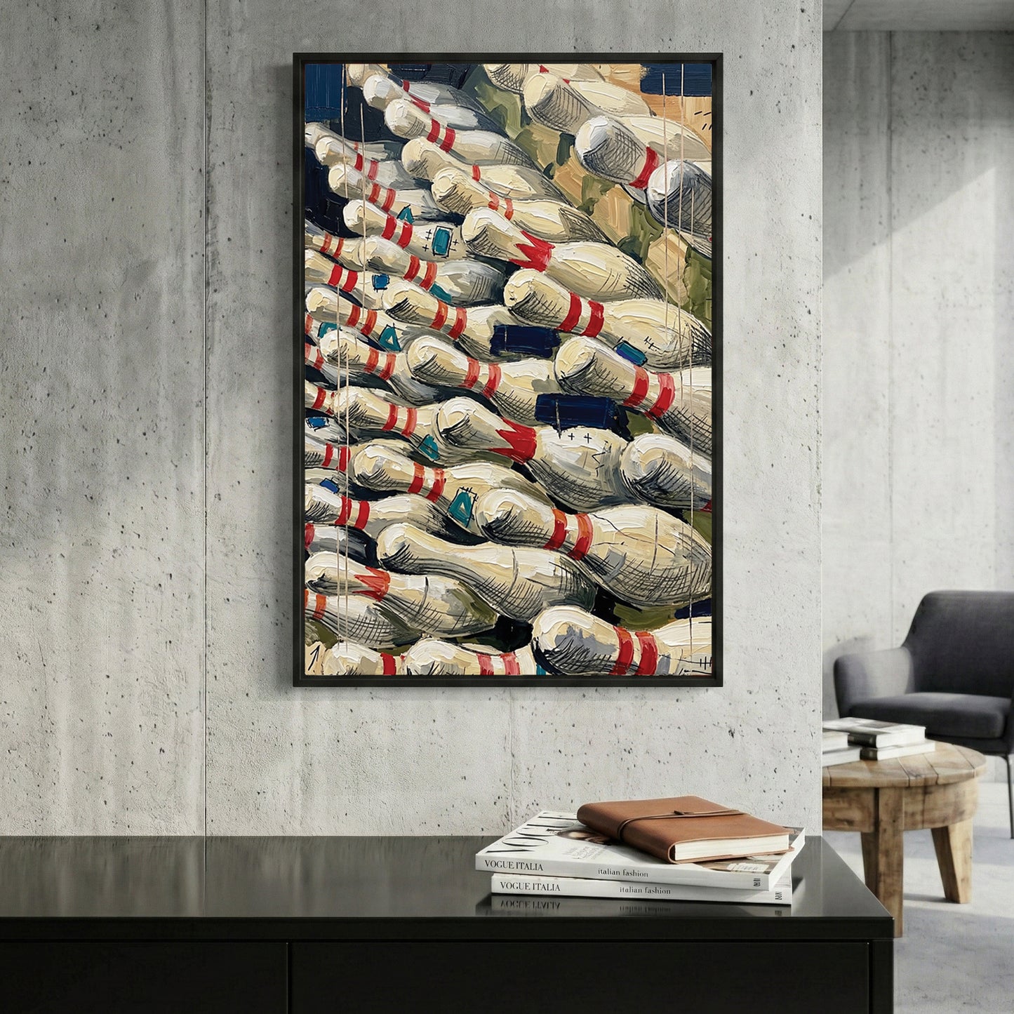 Bowling Pins Pile framed canvas wall art print in a gallery-style display