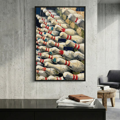 Bowling Pins Pile framed canvas wall art print in a gallery-style display