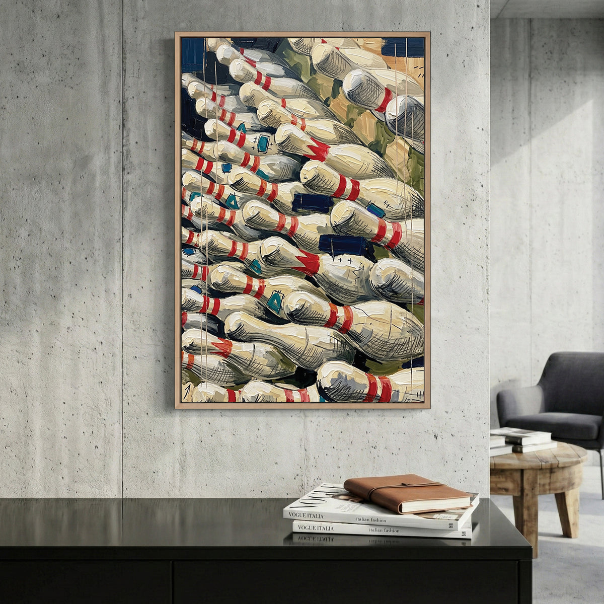 Bowling Pins Pile canvas wall art print displayed in a styled living room