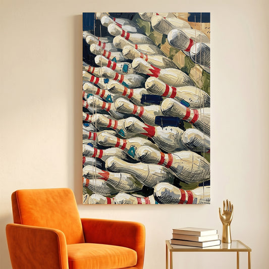 Bowling Pins Pile canvas wall art print displayed in a styled living room