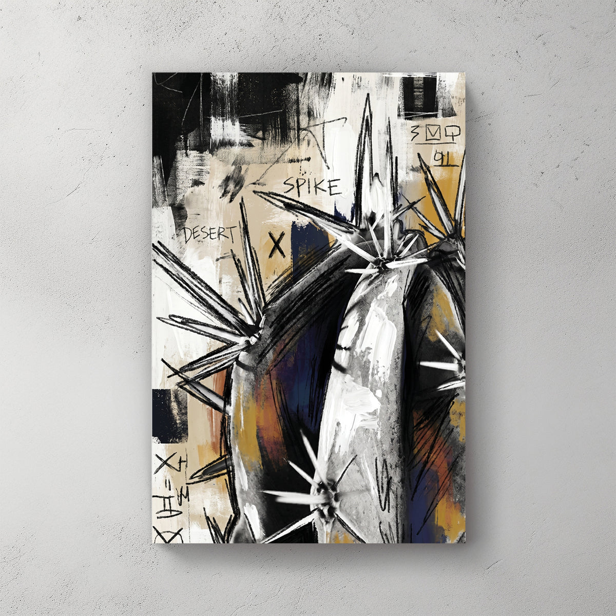 black/white agave cactus with X marks, splattered grunge texture, ochre and dark blue accents, mixed media collage feel — canvas wall art print