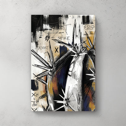black/white agave cactus with X marks, splattered grunge texture, ochre and dark blue accents, mixed media collage feel — canvas wall art print