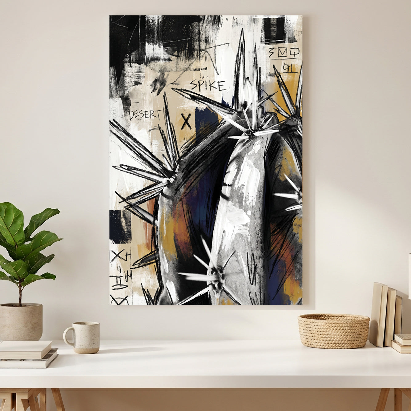 Abstract Agave Cactus Grunge canvas wall art print styled in a modern interior