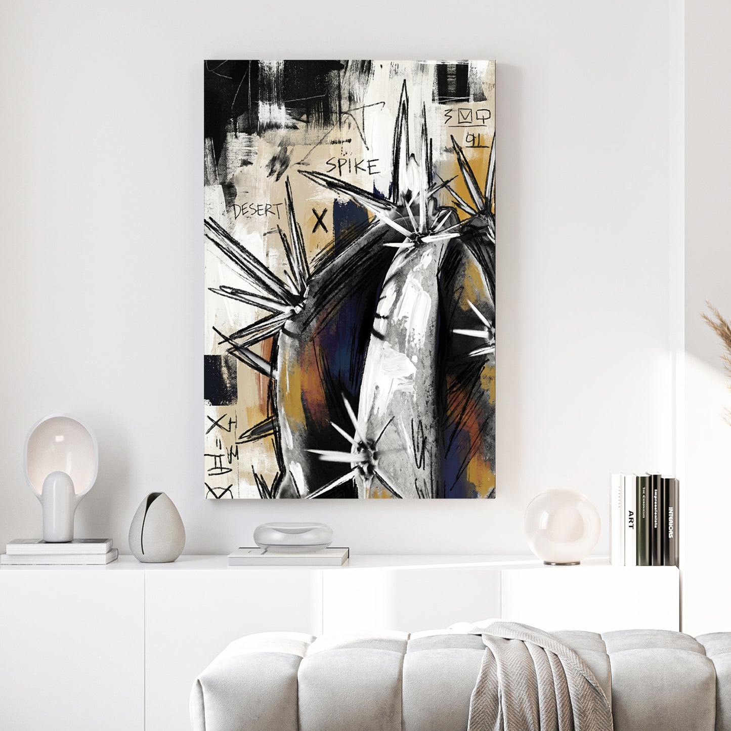 Abstract Agave Cactus Grunge canvas wall art print above a sofa in a contemporary living room