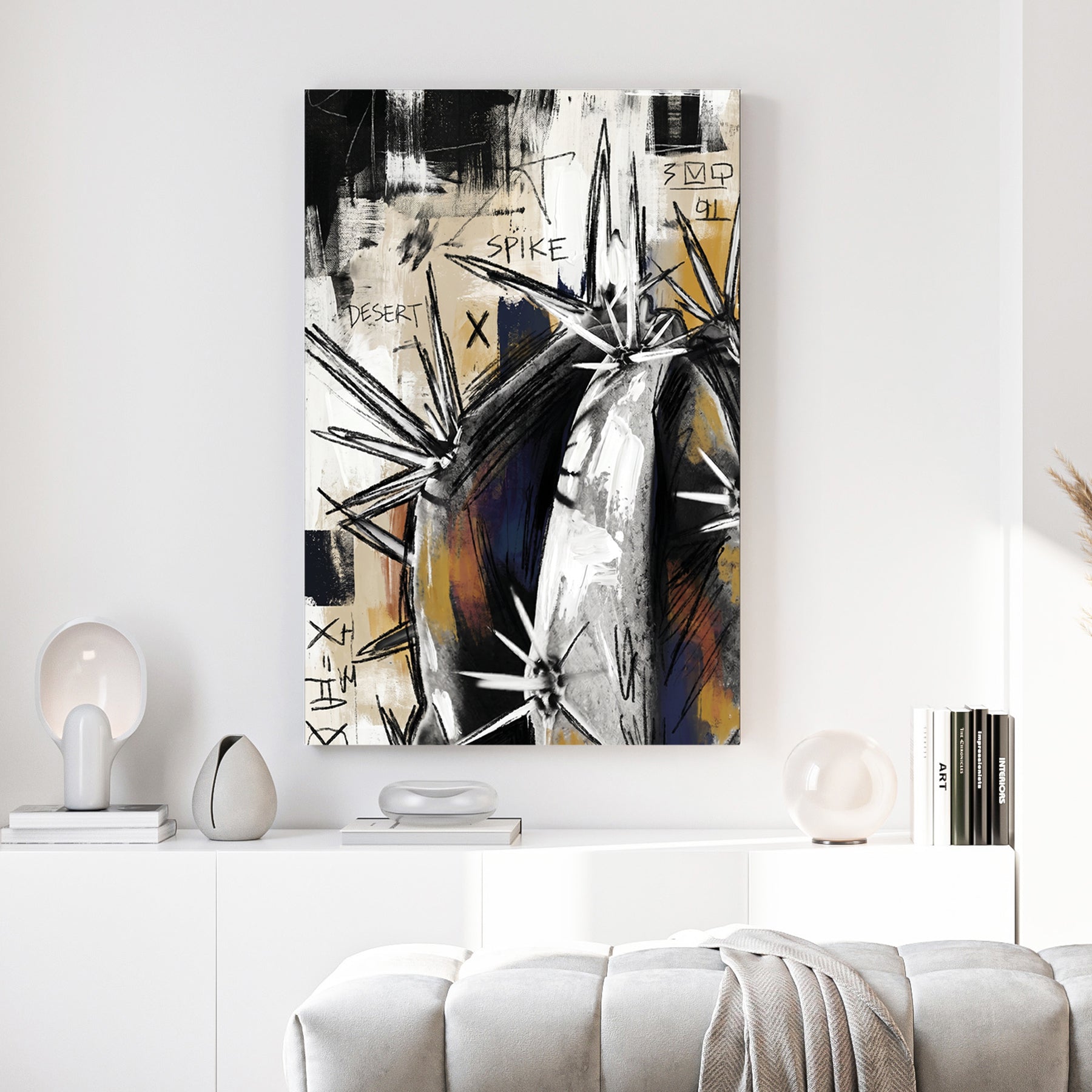 Abstract Agave Cactus Grunge canvas wall art print above a sofa in a contemporary living room