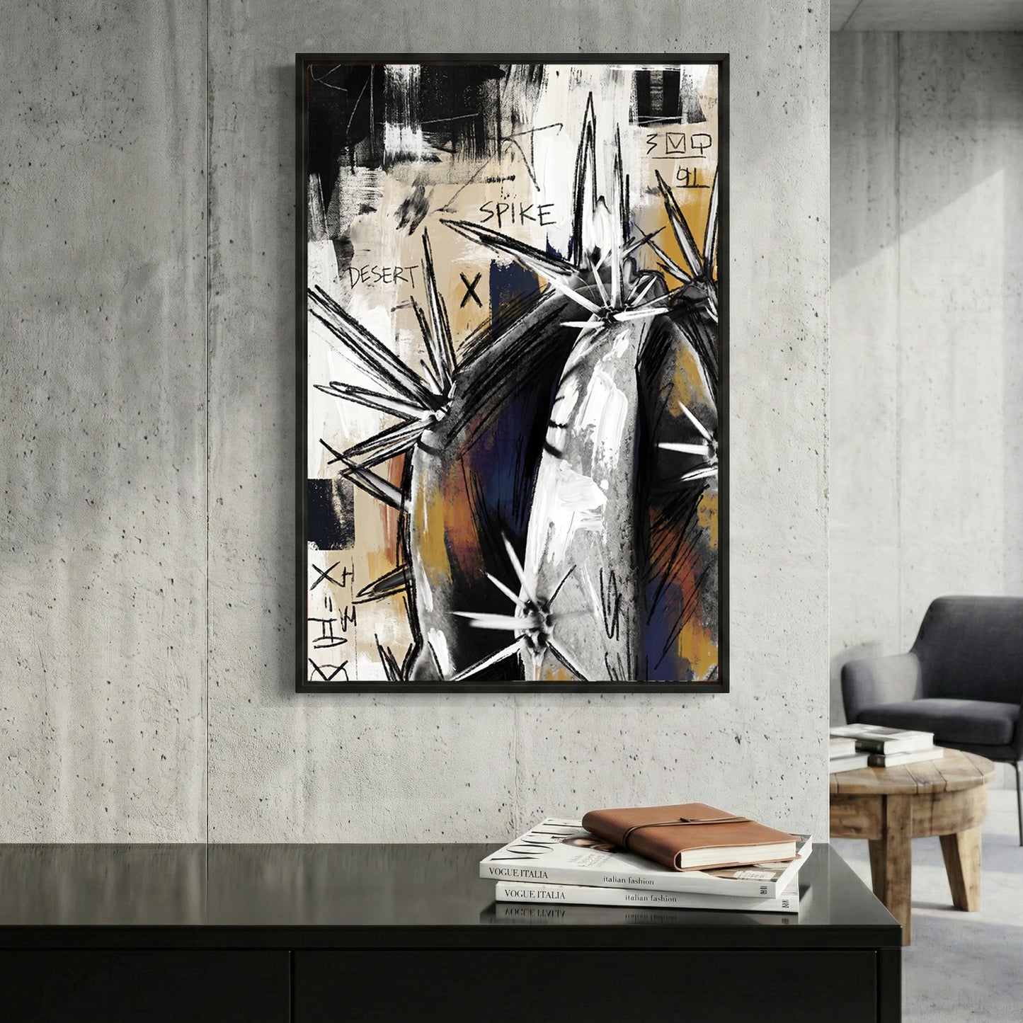 Abstract Agave Cactus Grunge framed canvas wall art print in a gallery-style display