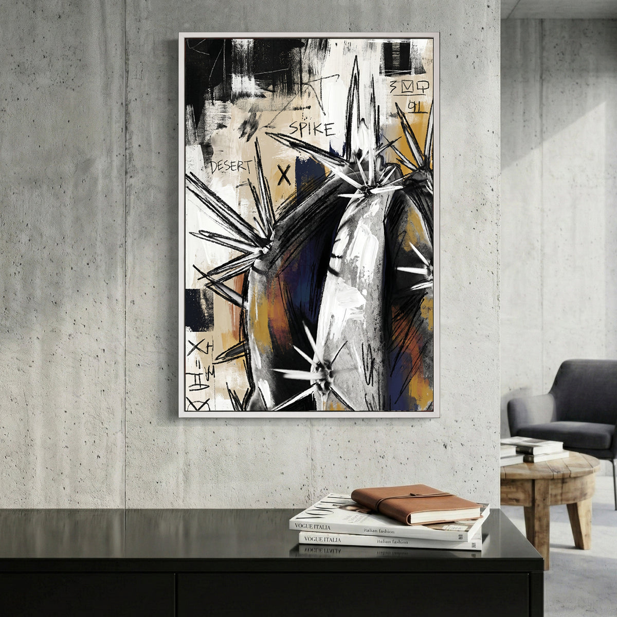 Abstract Agave Cactus Grunge canvas wall art print displayed in a styled living room