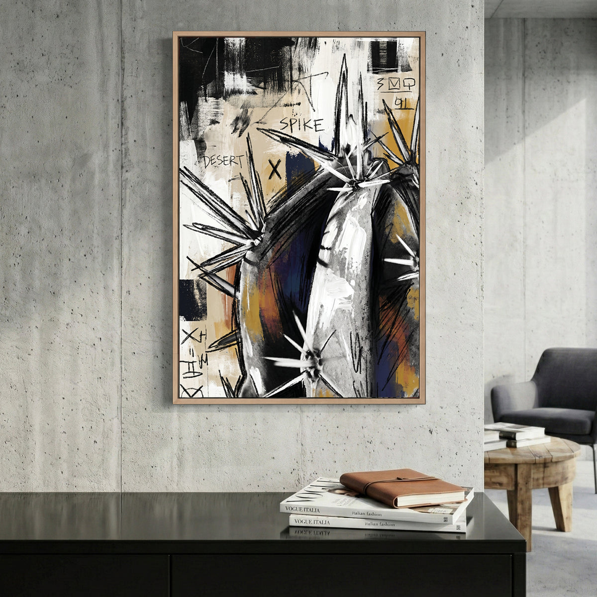 Abstract Agave Cactus Grunge canvas wall art print displayed in a styled living room