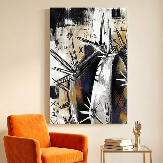 Abstract Agave Cactus Grunge canvas wall art print displayed in a styled living room