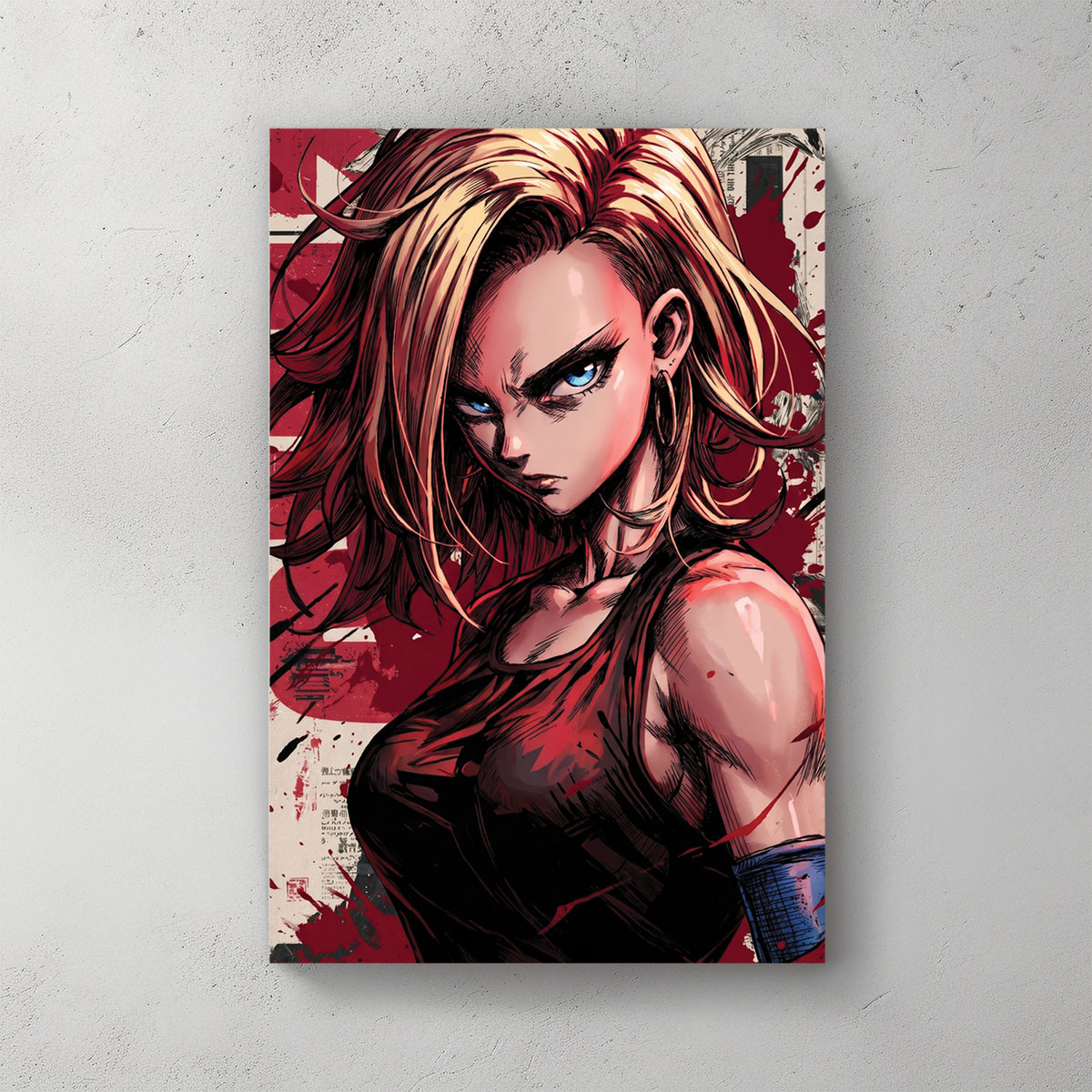 Android 18 from Dragon Ball Z, blonde hair, sleeveless black top, blue armband, manga page collage and red splatter background — canvas wall art print