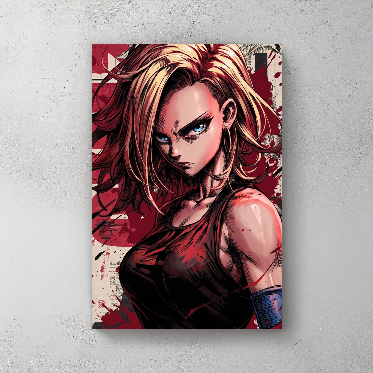 Android 18 from Dragon Ball Z, blonde hair, sleeveless black top, blue armband, manga page collage and red splatter background — canvas wall art print