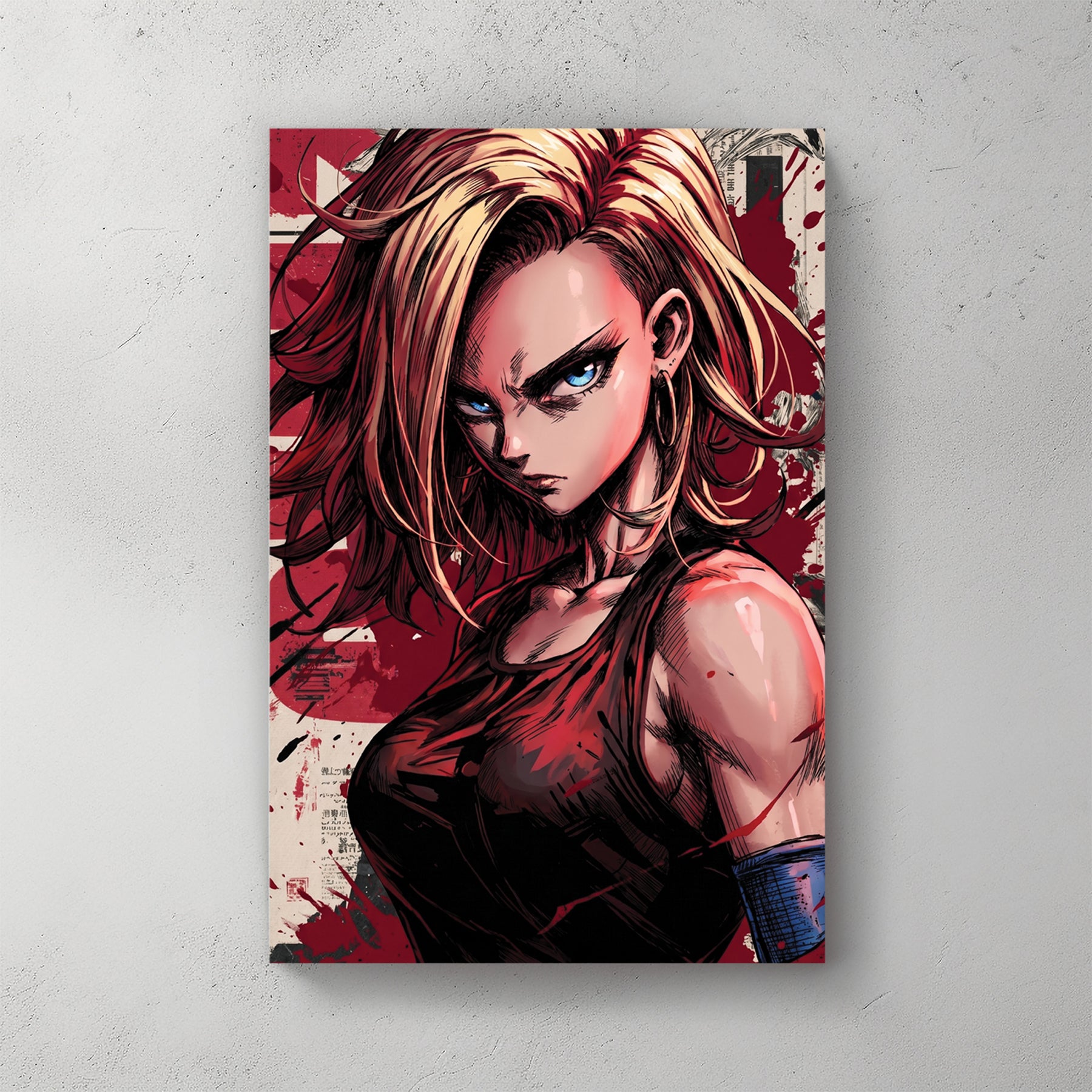 Android 18 from Dragon Ball Z, blonde hair, sleeveless black top, blue armband, manga page collage and red splatter background — canvas wall art print