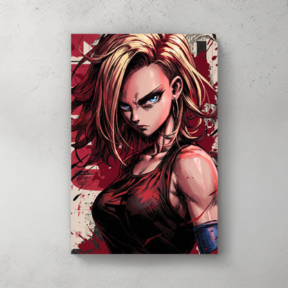 Android 18 from Dragon Ball Z, blonde hair, sleeveless black top, blue armband, manga page collage and red splatter background — canvas wall art print