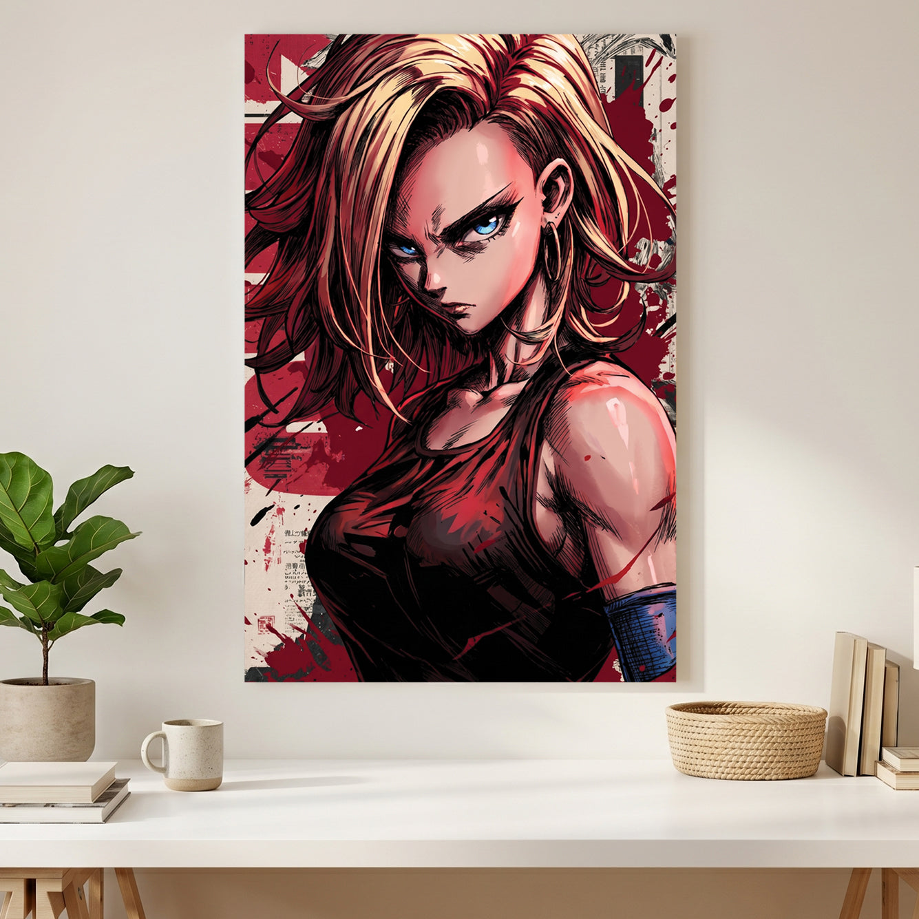 Android 18 Dragon Ball Z Anime canvas wall art print styled in a modern interior