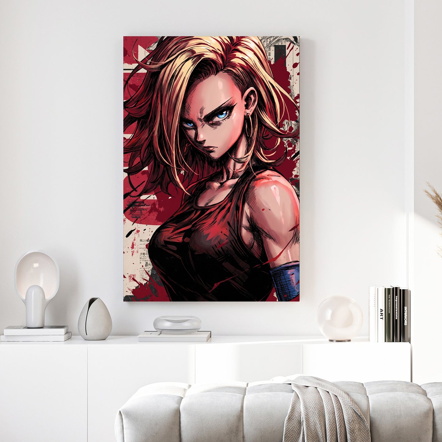 Android 18 Dragon Ball Z Anime canvas wall art print above a sofa in a contemporary living room