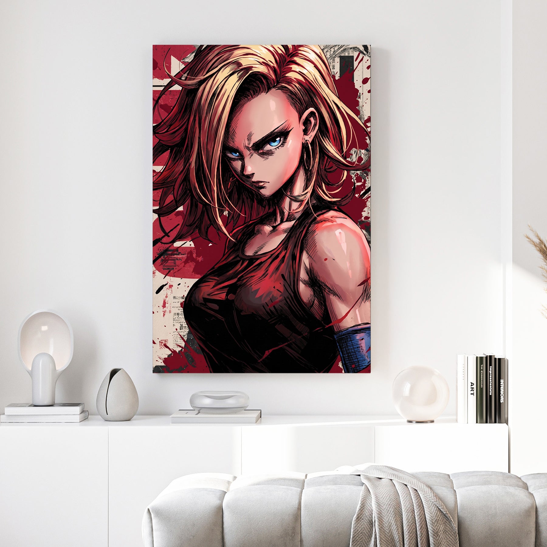 Android 18 Dragon Ball Z Anime canvas wall art print above a sofa in a contemporary living room