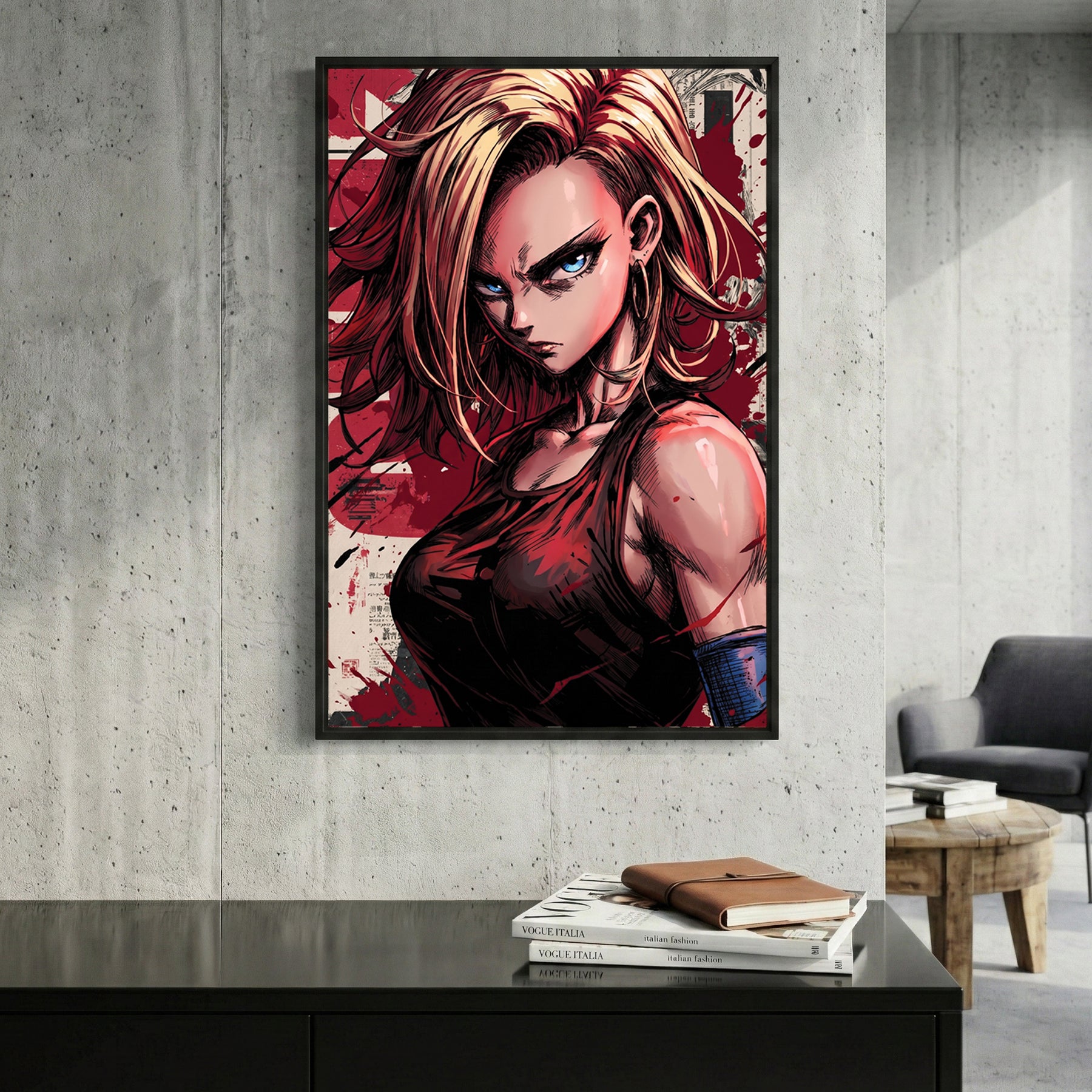 Android 18 Dragon Ball Z Anime framed canvas wall art print in a gallery-style display