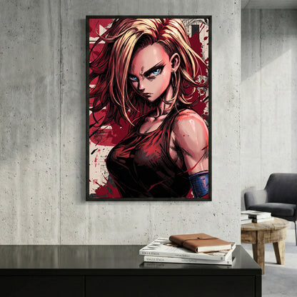 Android 18 Dragon Ball Z Anime framed canvas wall art print in a gallery-style display