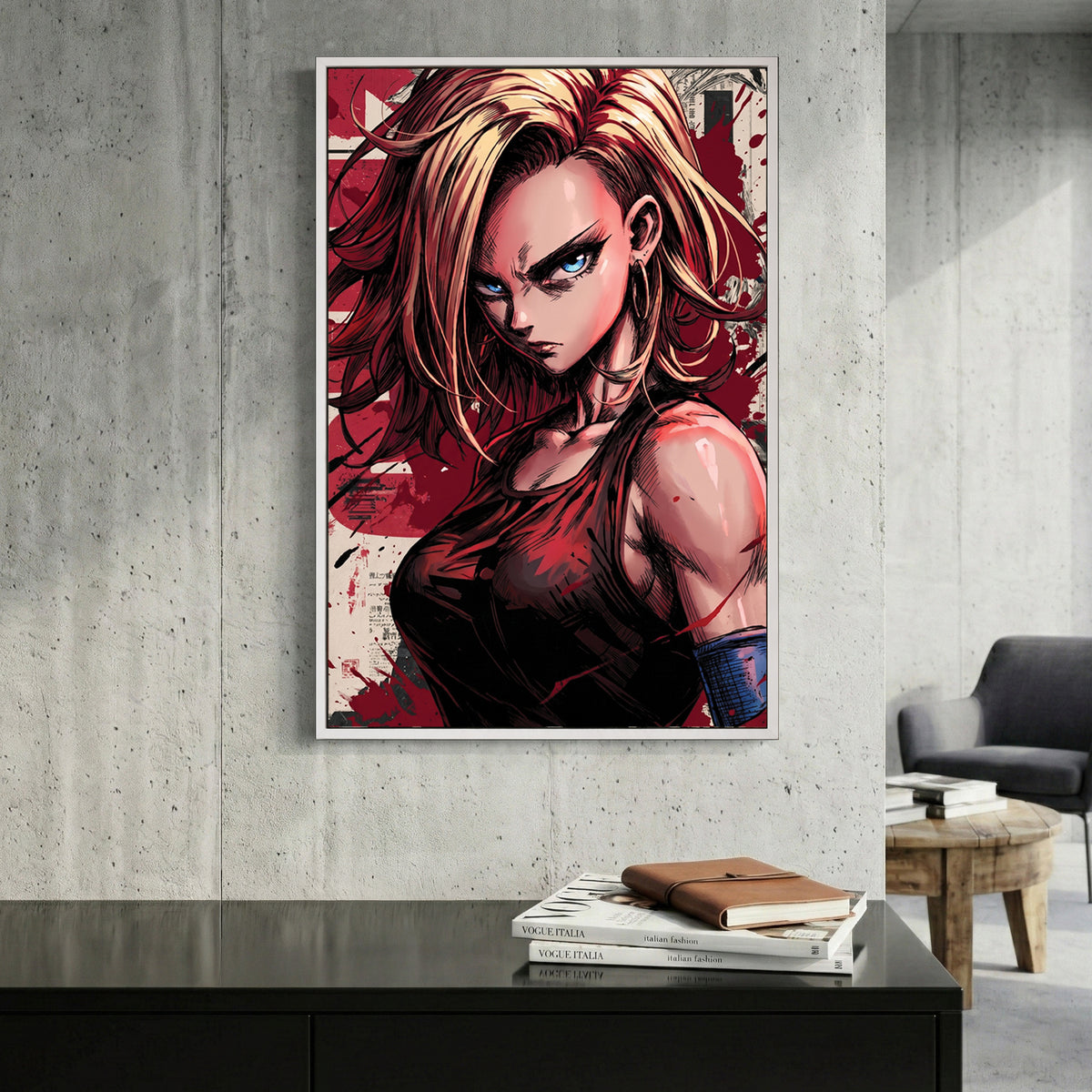 Android 18 Dragon Ball Z Anime canvas wall art print displayed in a styled living room