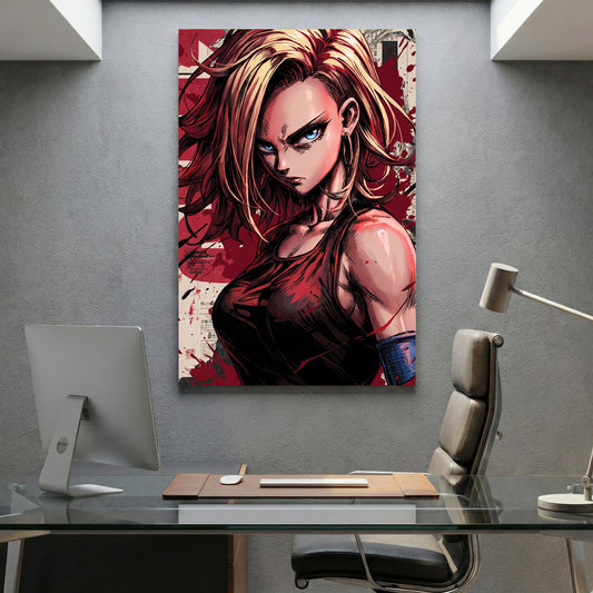 Android 18 Dragon Ball Z Anime canvas wall art print displayed in a styled living room