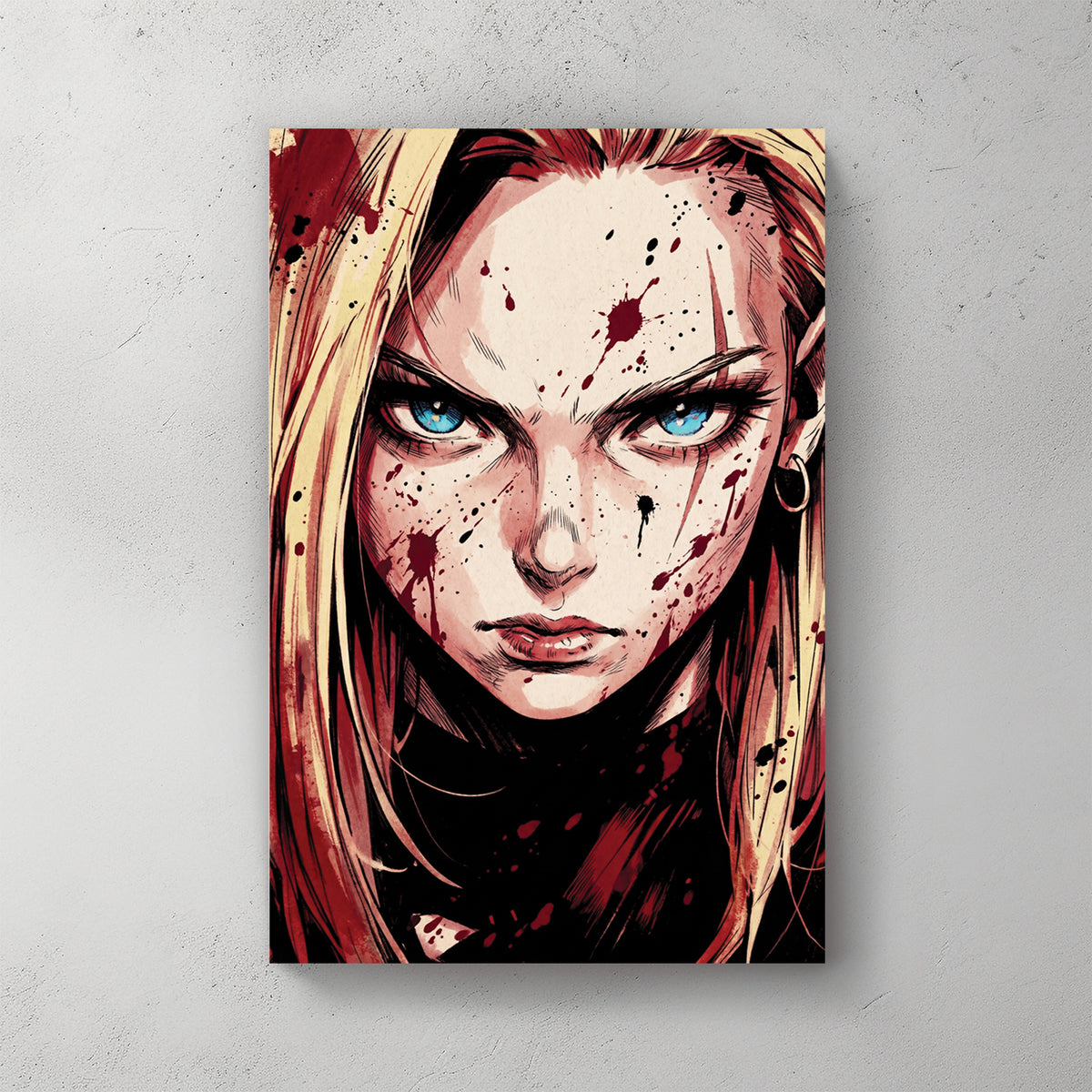 Close-up portrait of Android 18 from DBZ: blonde hair, blue eyes, blood splatter on face, comic ink style, red and cream palette, tight framing — canvas wall art print