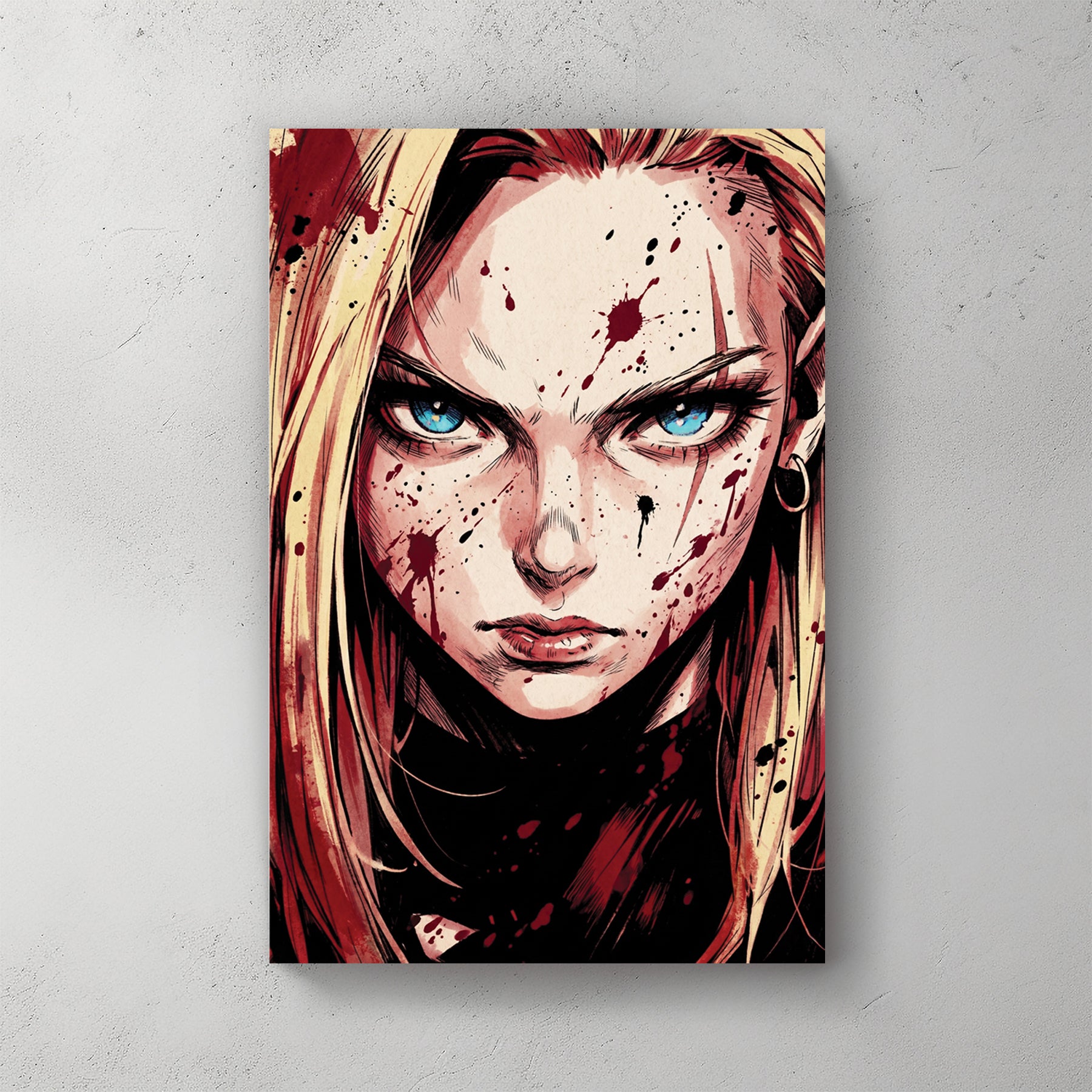 Close-up portrait of Android 18 from DBZ: blonde hair, blue eyes, blood splatter on face, comic ink style, red and cream palette, tight framing — canvas wall art print