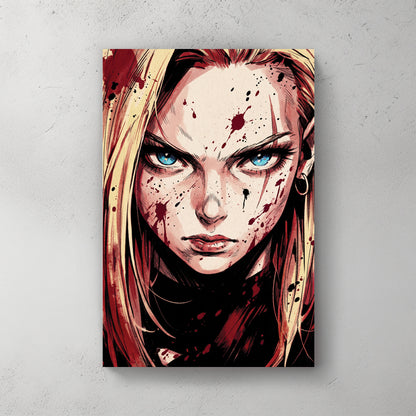 Close-up portrait of Android 18 from DBZ: blonde hair, blue eyes, blood splatter on face, comic ink style, red and cream palette, tight framing — canvas wall art print