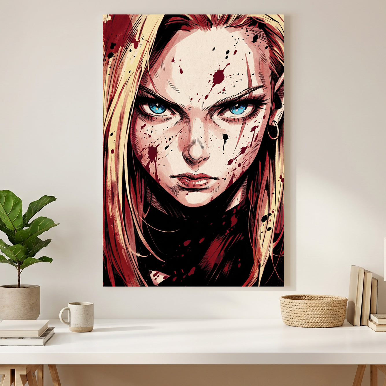 Android 18 Portrait Dragon Ball Z Anime canvas wall art print styled in a modern interior