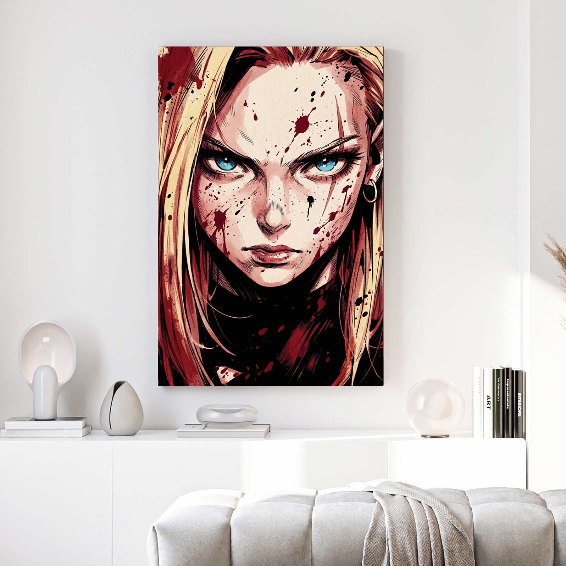 Android 18 Portrait Dragon Ball Z Anime canvas wall art print above a sofa in a contemporary living room