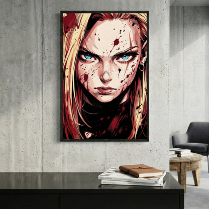 Android 18 Portrait Dragon Ball Z Anime framed canvas wall art print in a gallery-style display