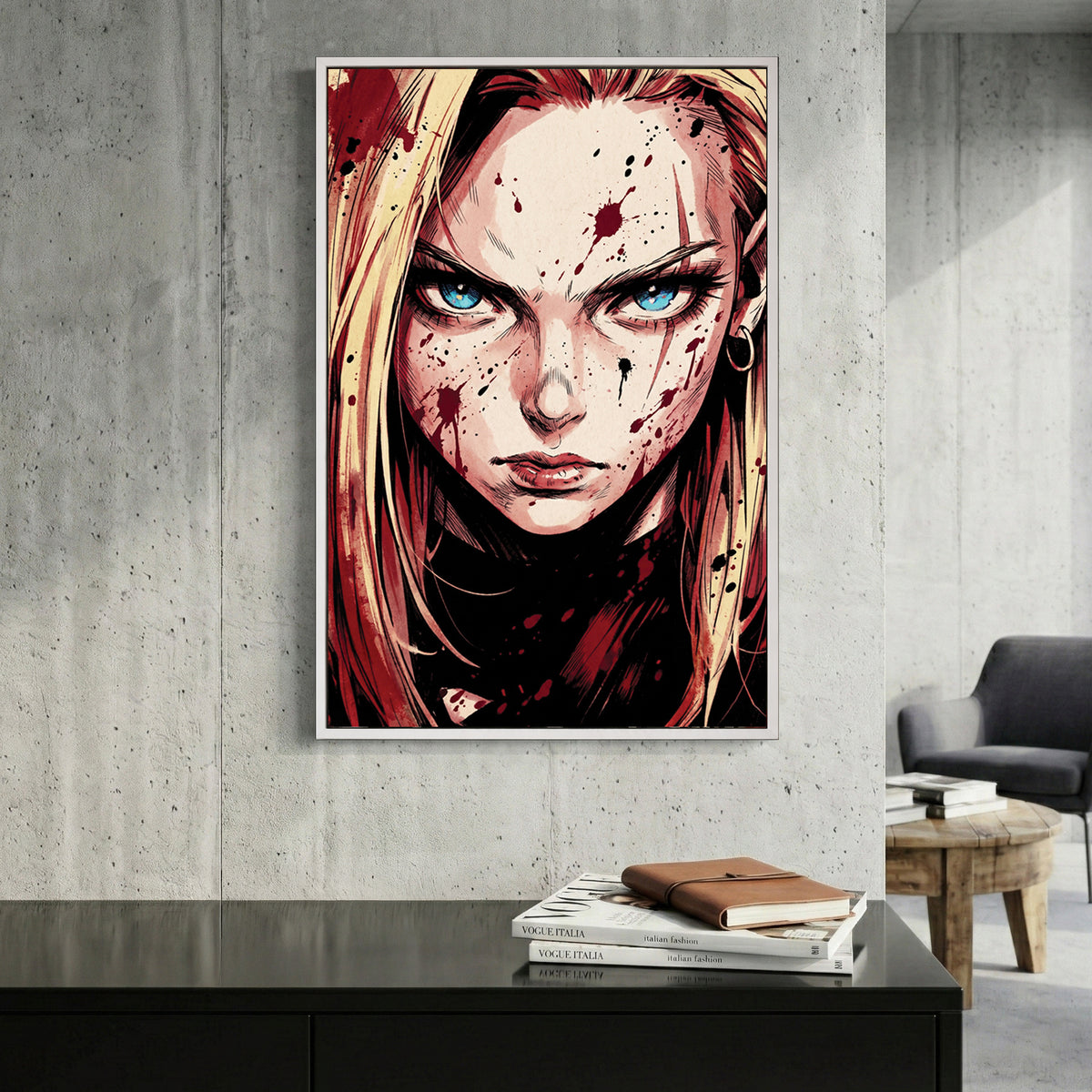 Android 18 Portrait Dragon Ball Z Anime canvas wall art print displayed in a styled living room