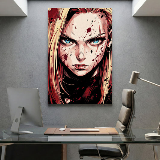 Android 18 Portrait Dragon Ball Z Anime canvas wall art print displayed in a styled living room