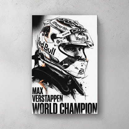 Verstappen helmet portrait; Red Bull livery; halftone B&W ground; "WORLD CHAMPION" text — canvas wall art print