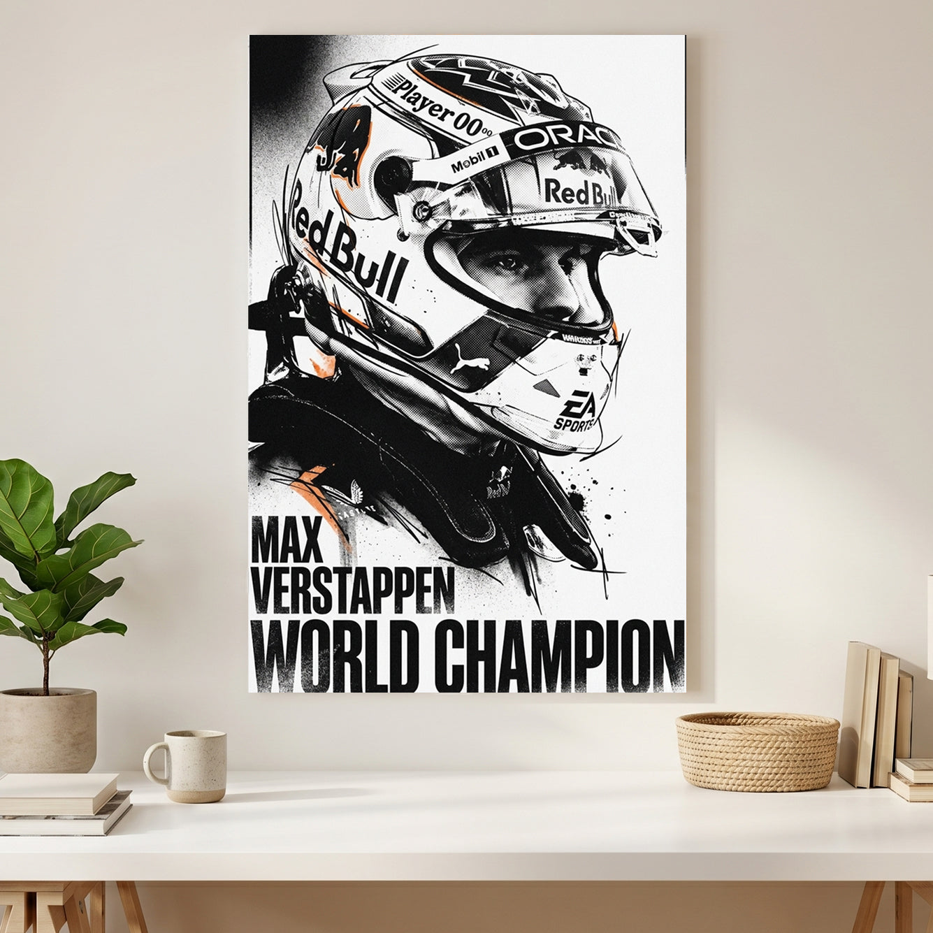Max Verstappen World Champion F1 canvas wall art print styled in a modern interior