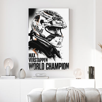 Max Verstappen World Champion F1 canvas wall art print above a sofa in a contemporary living room