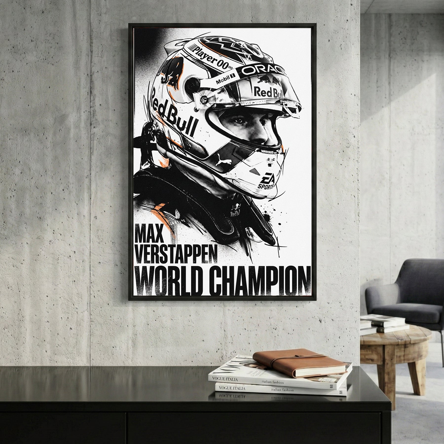 Max Verstappen World Champion F1 framed canvas wall art print in a gallery-style display